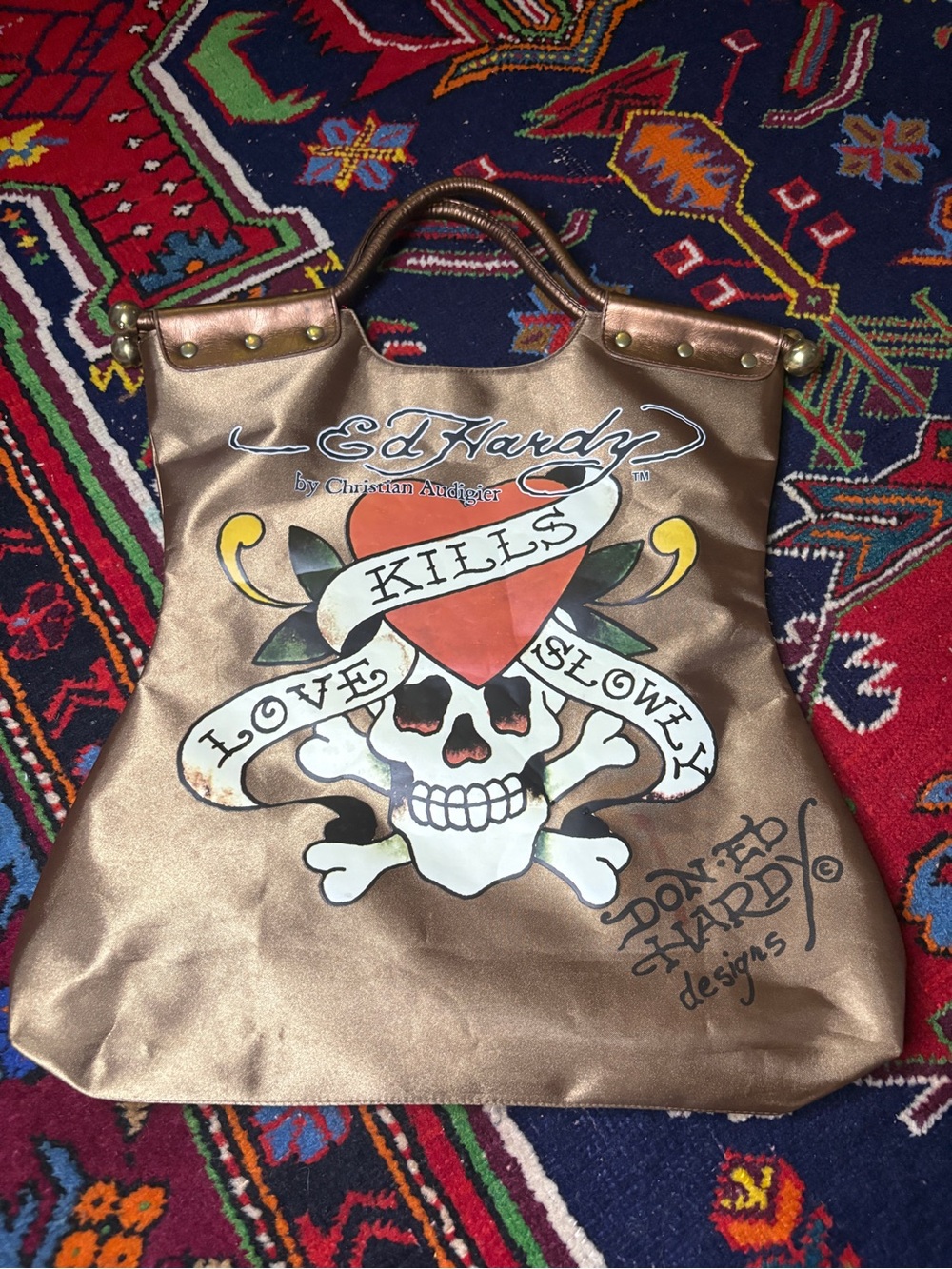 Y2K VINTAGE ED HARDY TOP HANDLE BROZE METALLIC GRAPHIC BAG PURSE - Picture 2 of 10